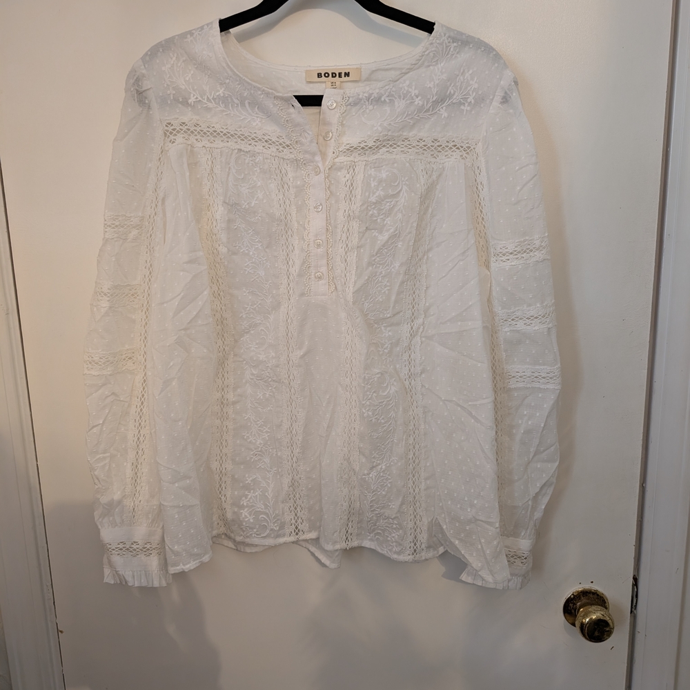 Boden White Eyelet Lace Button-Front Blouse
